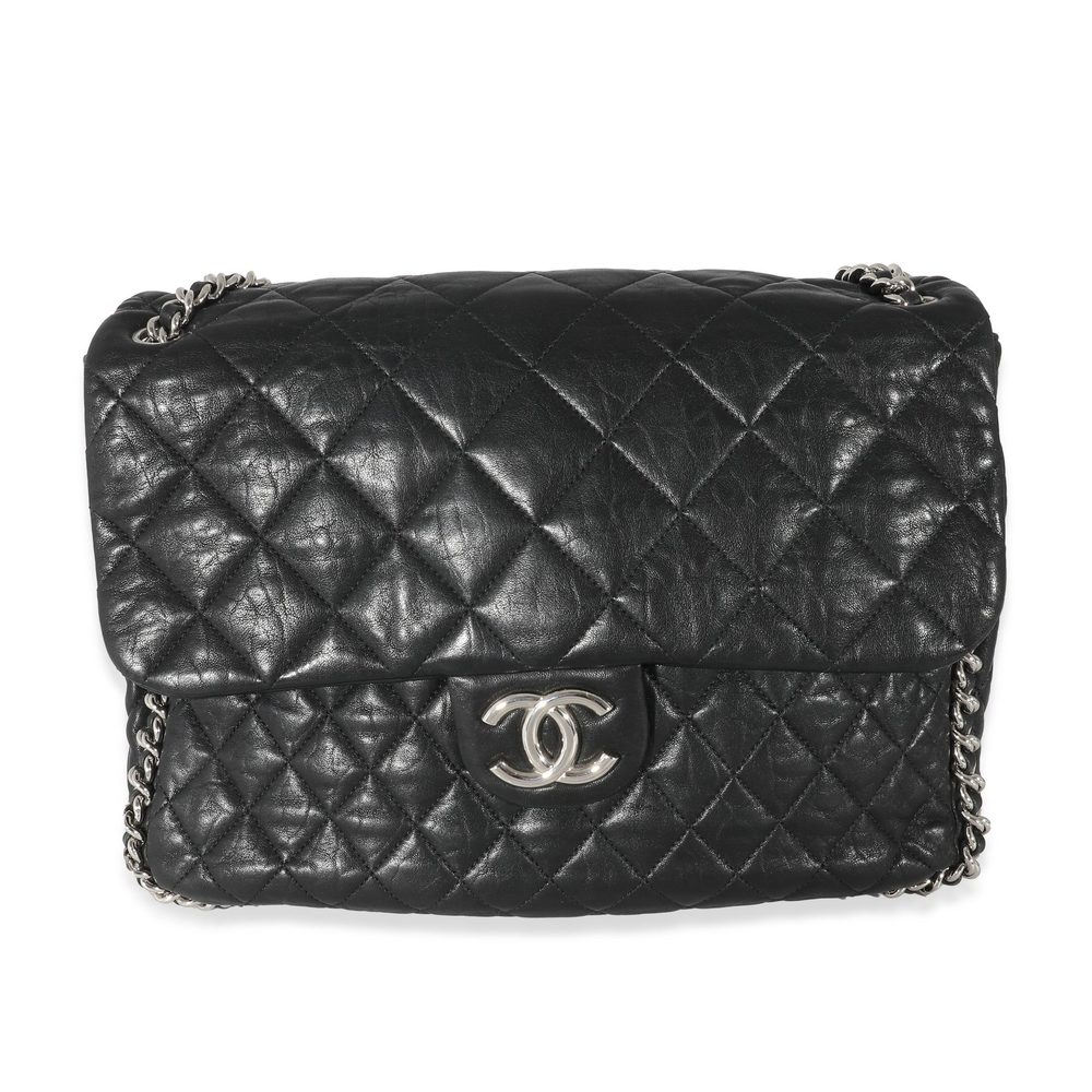 Chanel Black Washed Lambskin Chain Around Maxi Flap Bag